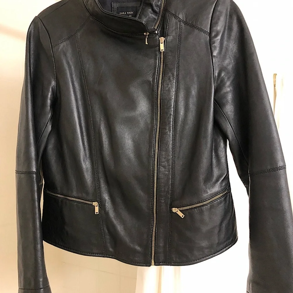 Zara Black Leather Women’s Zippered Moto Jacket, fitted, casual, stand collar, L - Picture 6 of 12